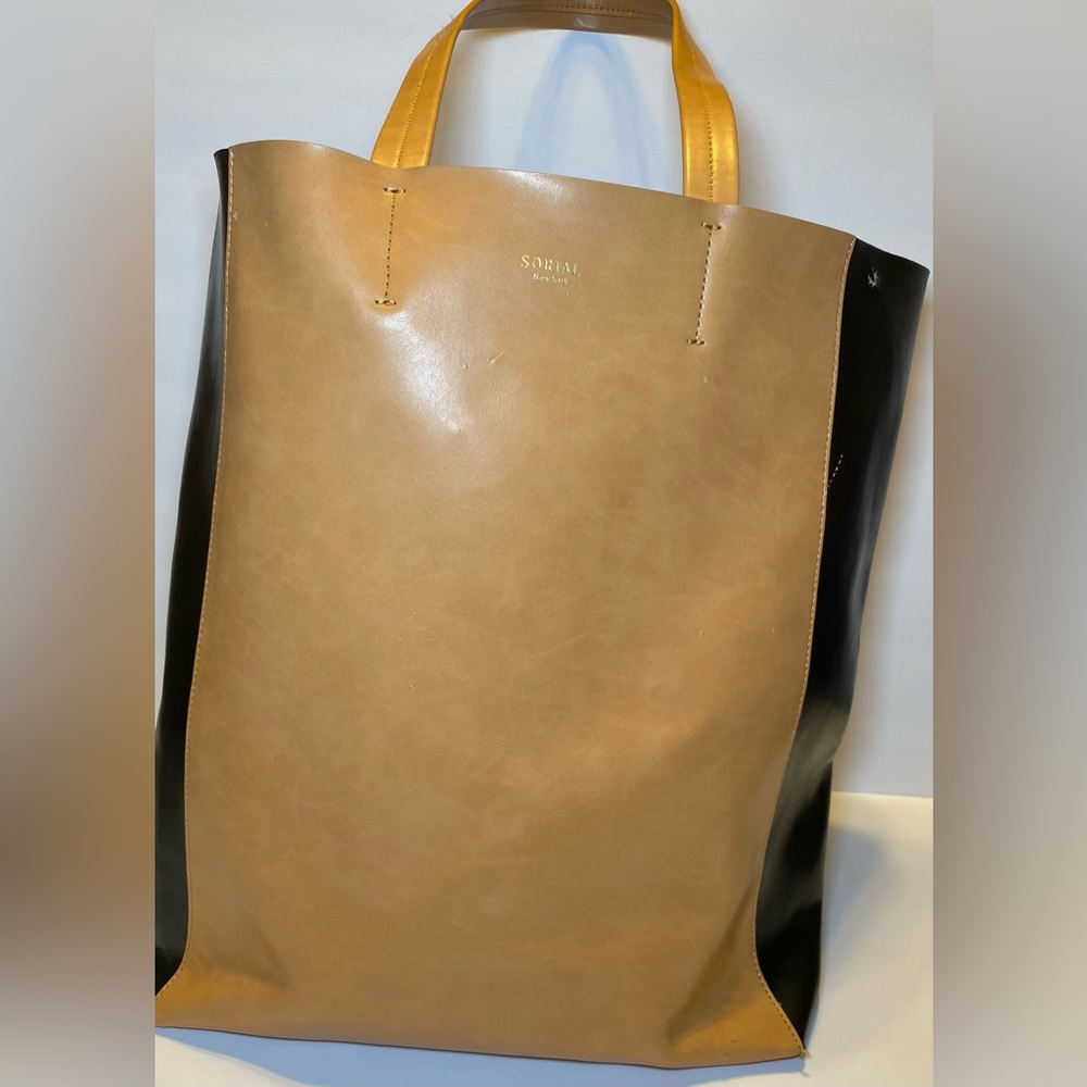 Sorial New York‎ Black & Tan Color Block Leather Tote Handbag Shoulder
Bag Large